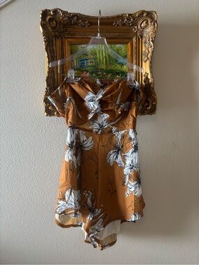 Strapless Floral Romper in golden mustard yellow with White Flowers